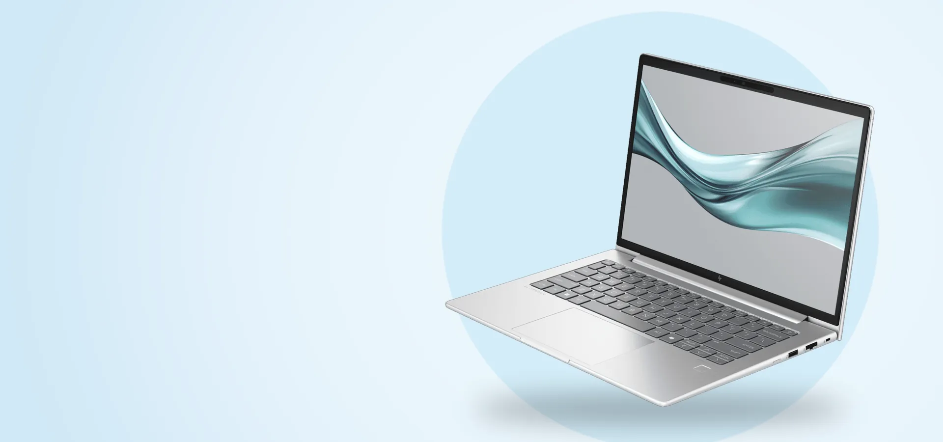 Notebook HP EliteBook 645 G11 de 14 pulgadas abierta, vista en perspectiva