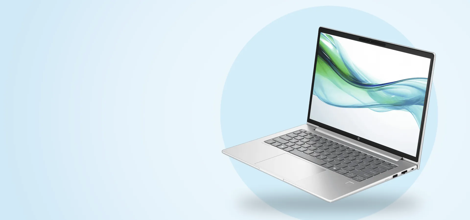 Notebook HP ProBook 445 G11 de 14 pulgadas abierta, vista en perspectiva