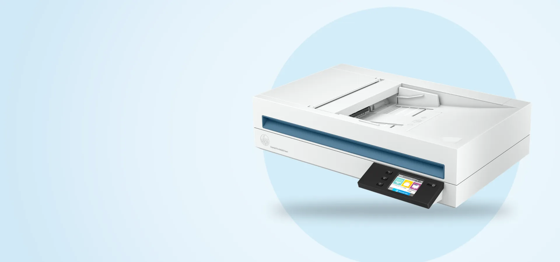 Escáner HP ScanJet Pro N4600 fnw1 con alimentador de hojas y pantalla táctil, vista en perspectiva
