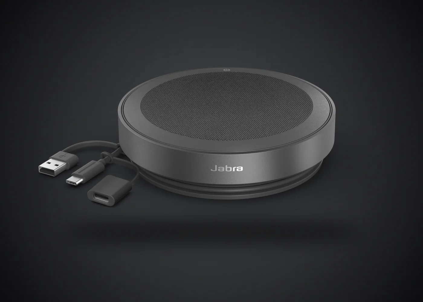 Jabra Speak2 75 con su cable USB-C integrado y el adaptador USB-A