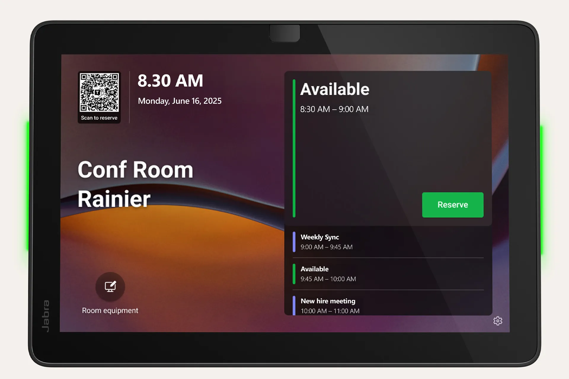 Jabra Scheduler con Microsoft Teams mostrando la sala disponible y la luz verde encendida
