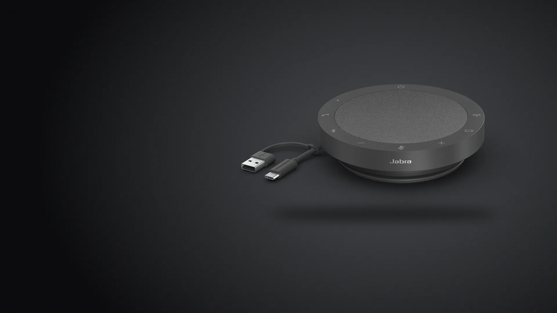 Parlante Jabra Speak2 55 gris oscuro con su cable USB-C y USB-A