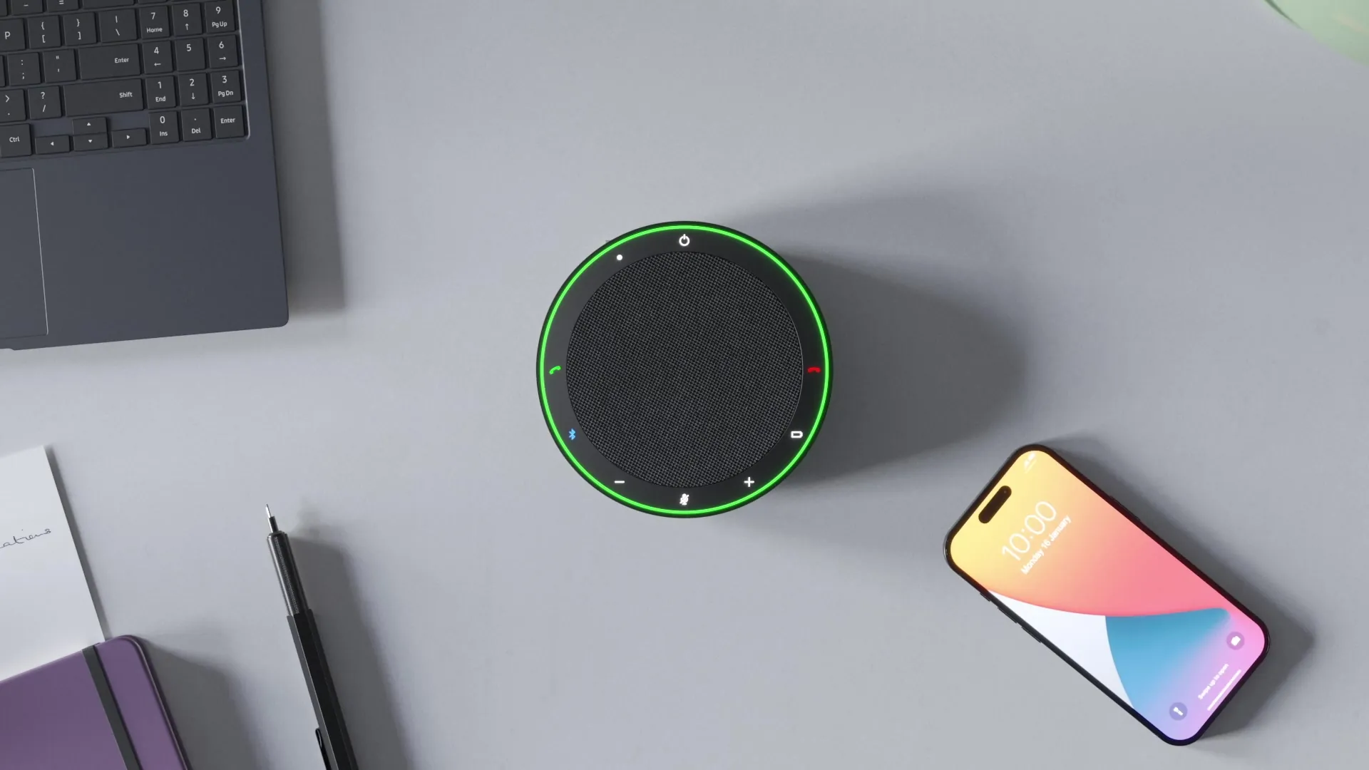 Jabra Speak2 75 visto desde arriba con el anillo de luz encendido en verde