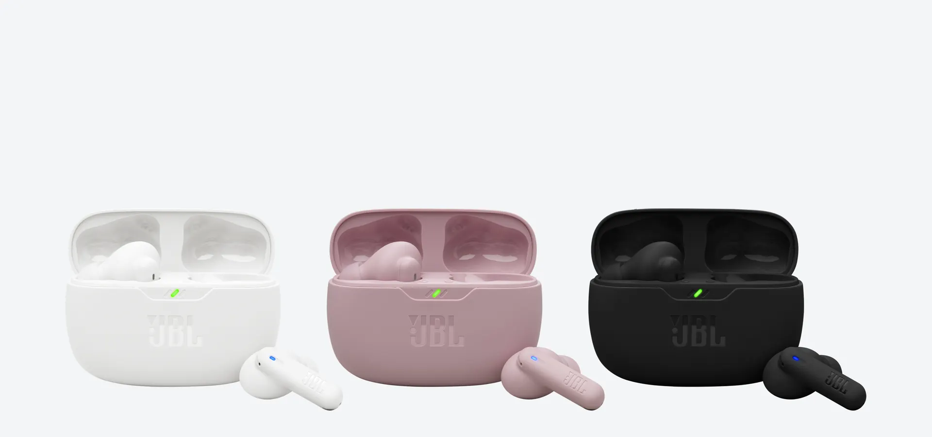 Auriculares True Wireless JBL Wave Beam 2 en blanco, rosa y negro con sus estuches de carga