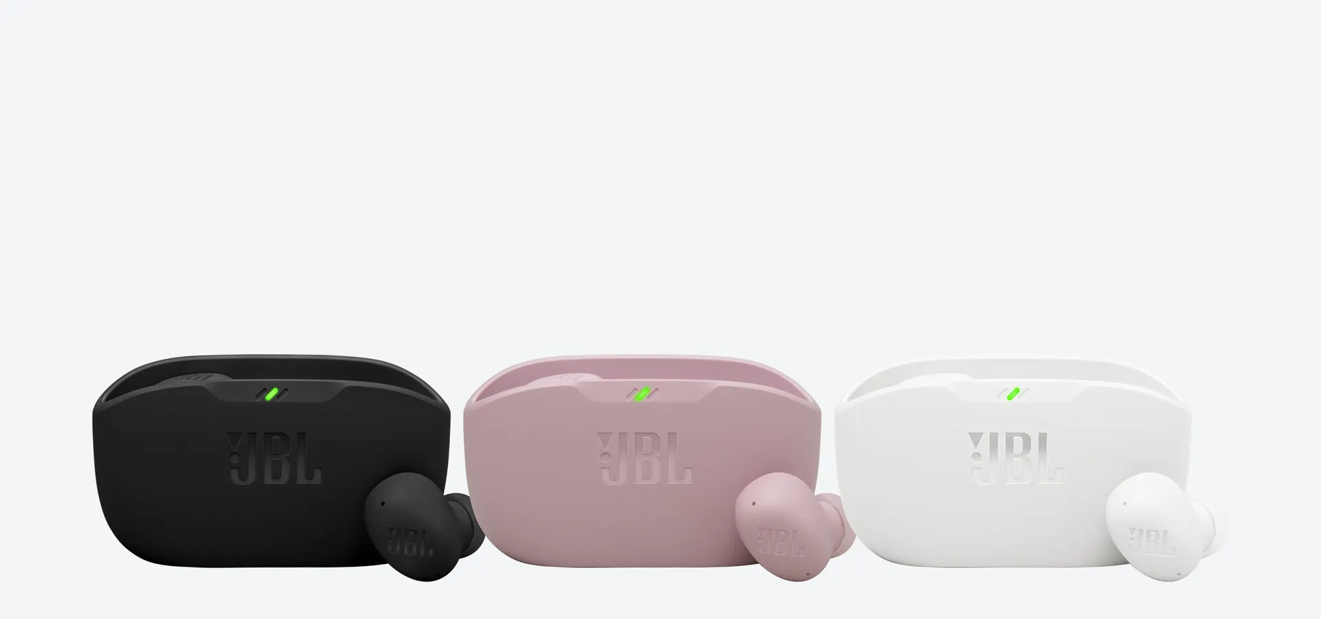 Auriculares True Wireless JBL Wave Buds 2 en negro, rosa y blanco con sus estuches de carga