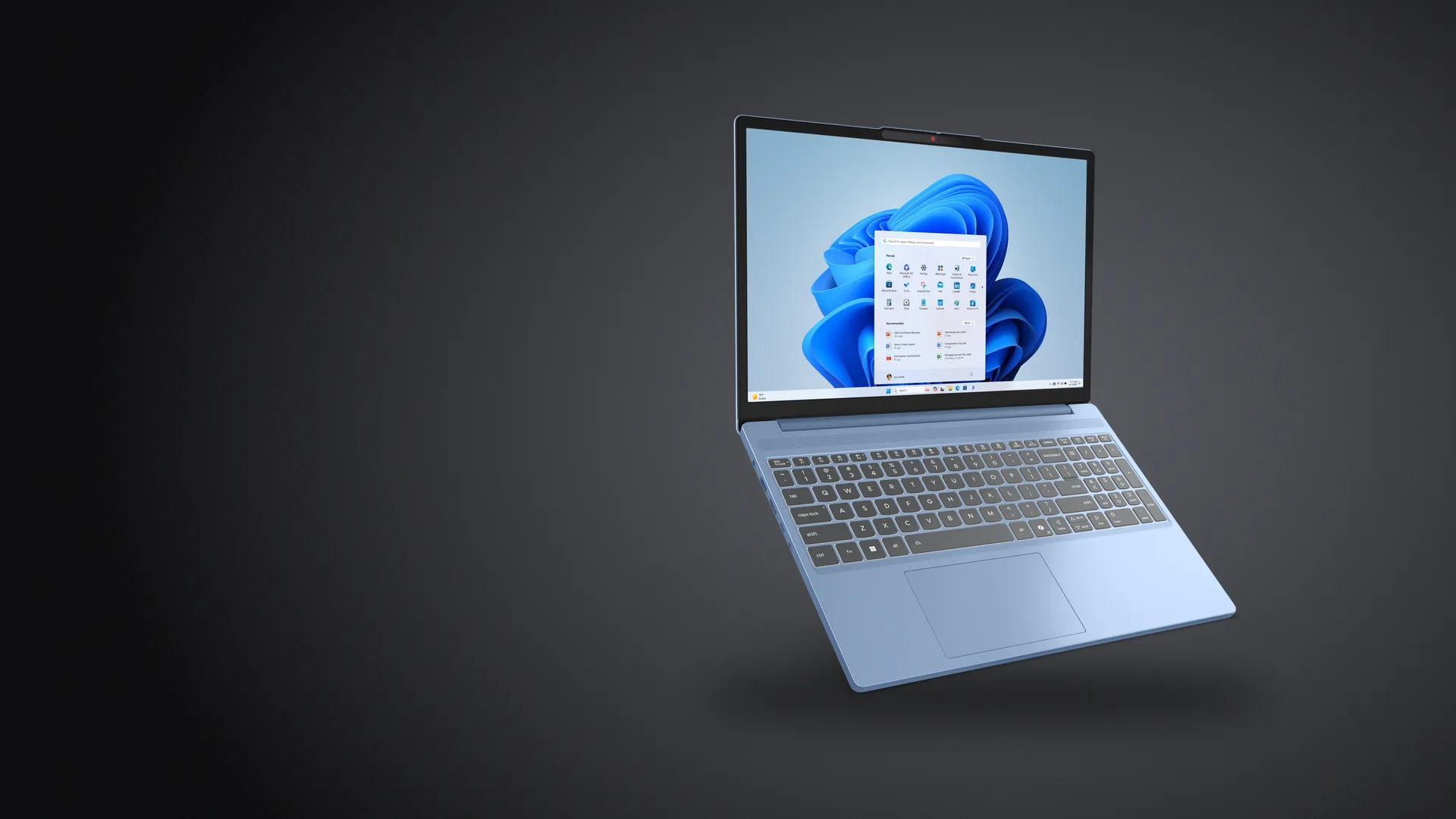 Notebook Lenovo IdeaPad Slim 3i Gen 10 color Azul Polar, abierta, sobre fondo grafito