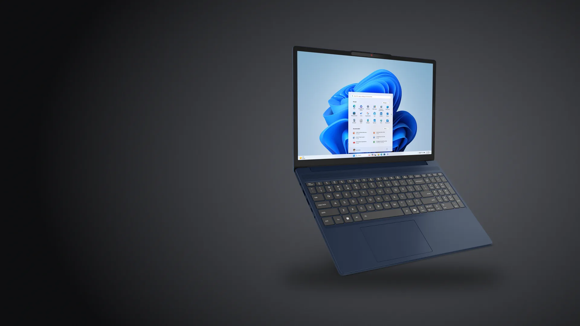 Notebook Lenovo IdeaPad Slim 3i Gen 10 color Azul Cósmico, abierta, sobre fondo grafito