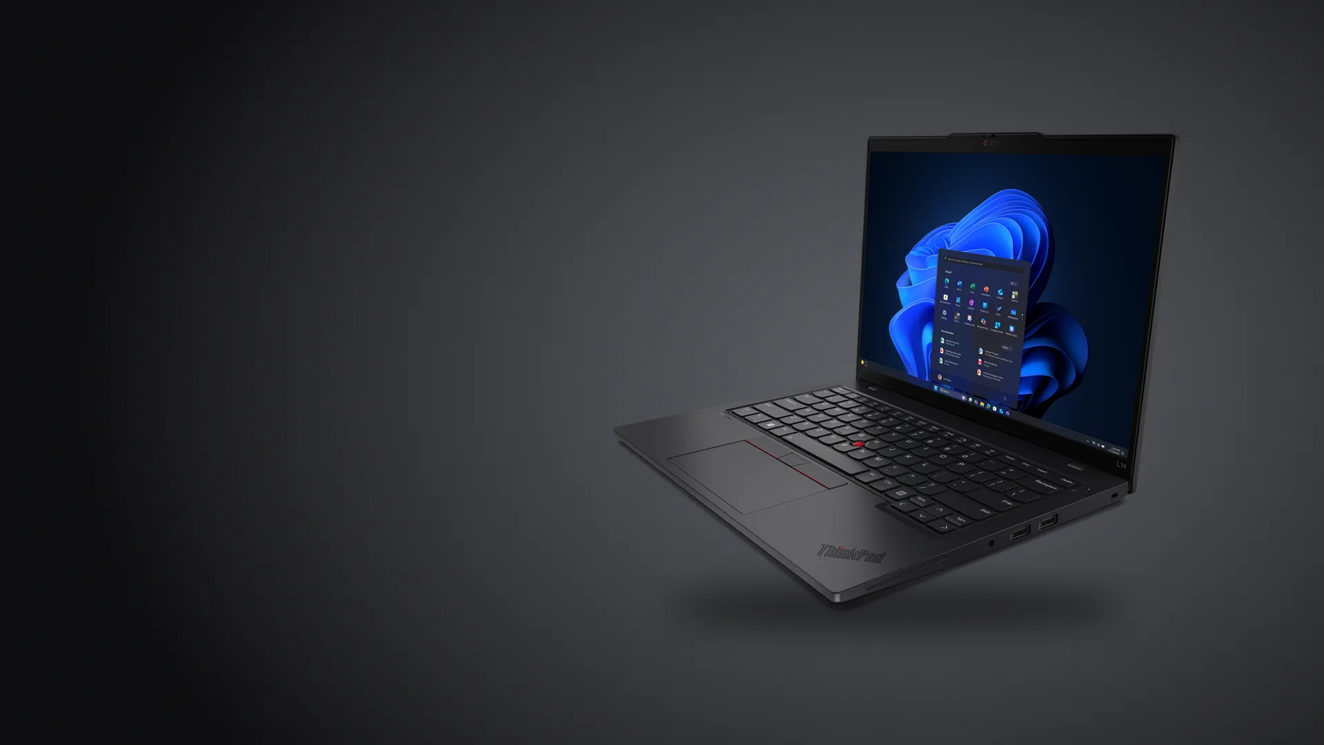 Notebook Lenovo ThinkPad L14 Gen 6 negra, abierta, sobre fondo grafito