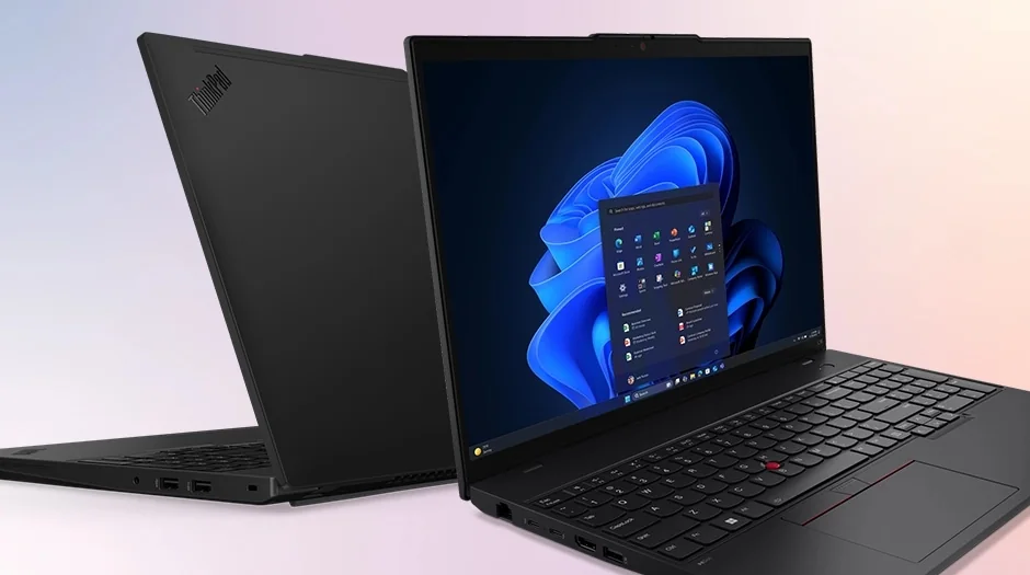 Dos ThinkPad L16 Gen 2 negras, una de frente y otra desde atrás