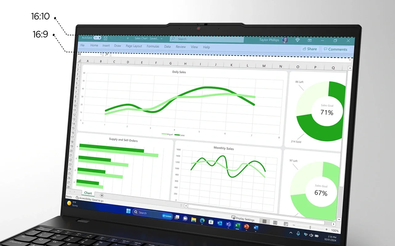 Pantalla 16:10 de la ThinkPad L16 Gen 2 con una planilla