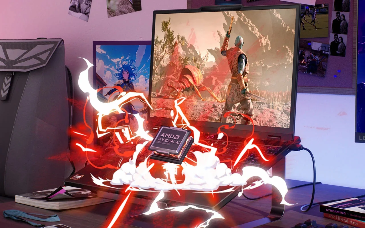 Legion 5 Gen 10 sobre un escritorio gamer con un chip AMD Ryzen AI y rayos rojos
