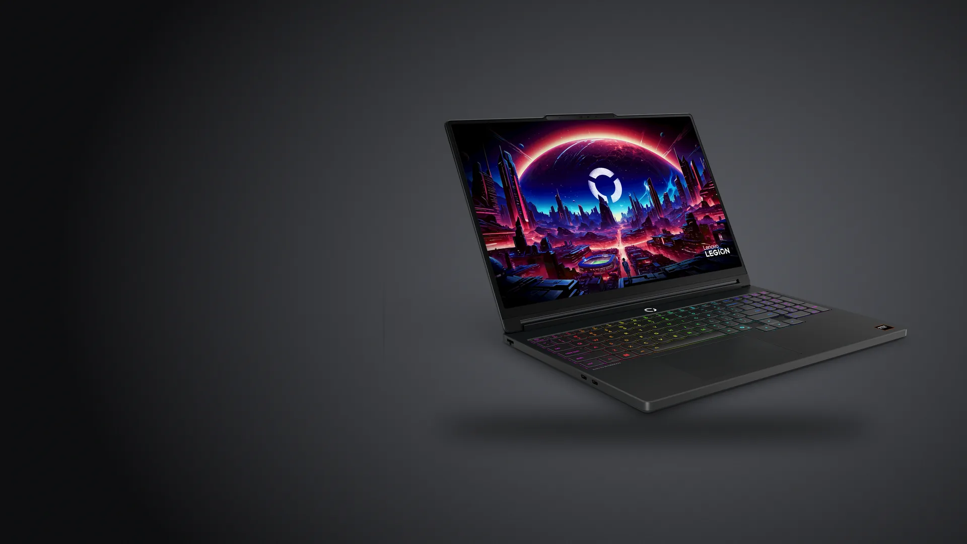 Notebook gamer Lenovo Legion 5a Gen 11 negra, abierta, sobre fondo grafito