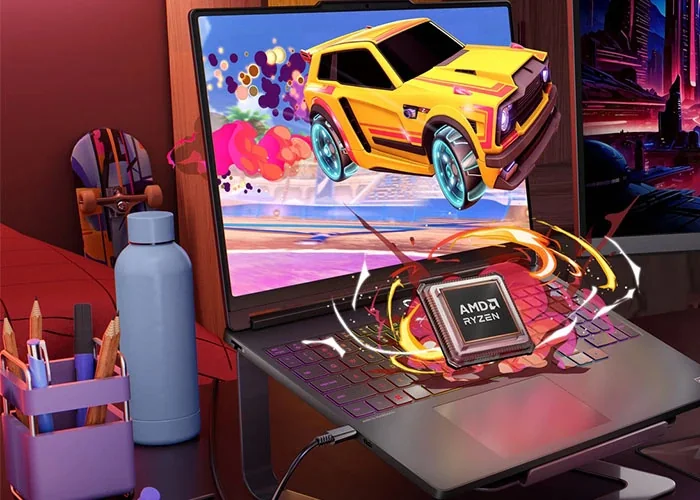 Legion 5a Gen 11 sobre un soporte con un juego de autos en pantalla y un chip AMD Ryzen