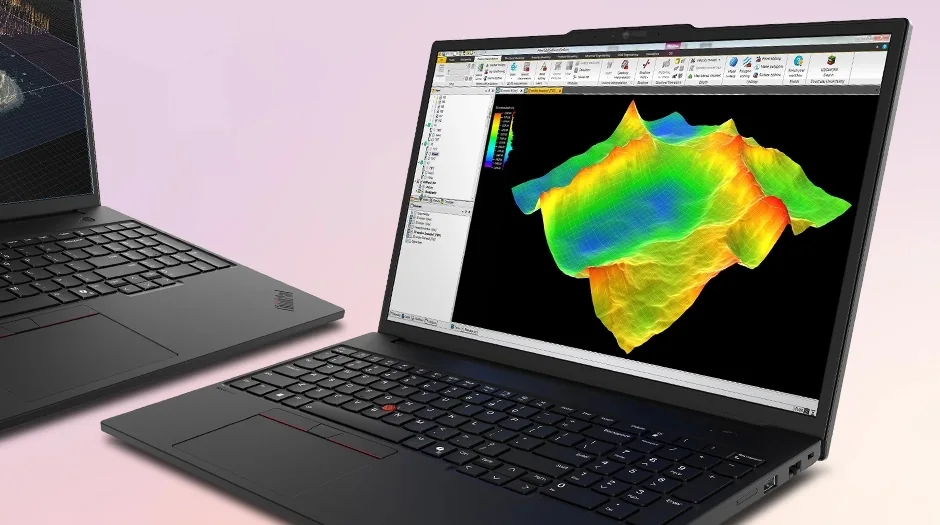 ThinkPad P16s Gen 4 con un modelo 3D de terreno en pantalla