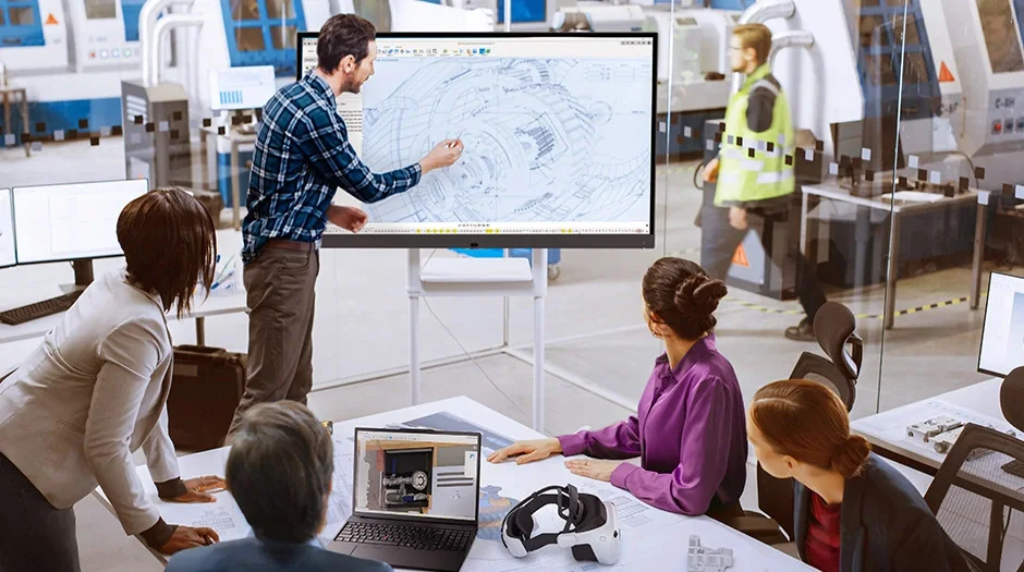 Equipo de trabajo revisando un plano con una ThinkPad P16v