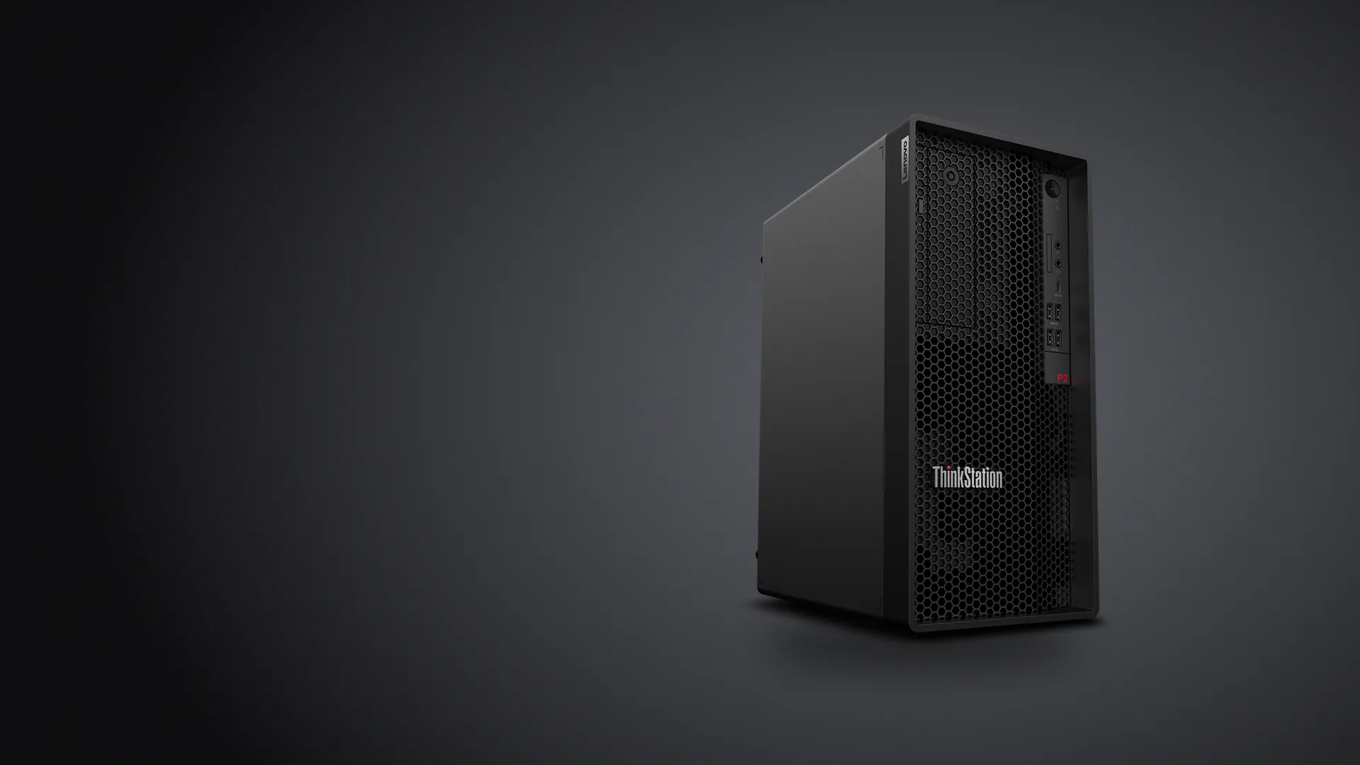Workstation Lenovo ThinkStation P2 Tower Gen 2 negra sobre fondo grafito
