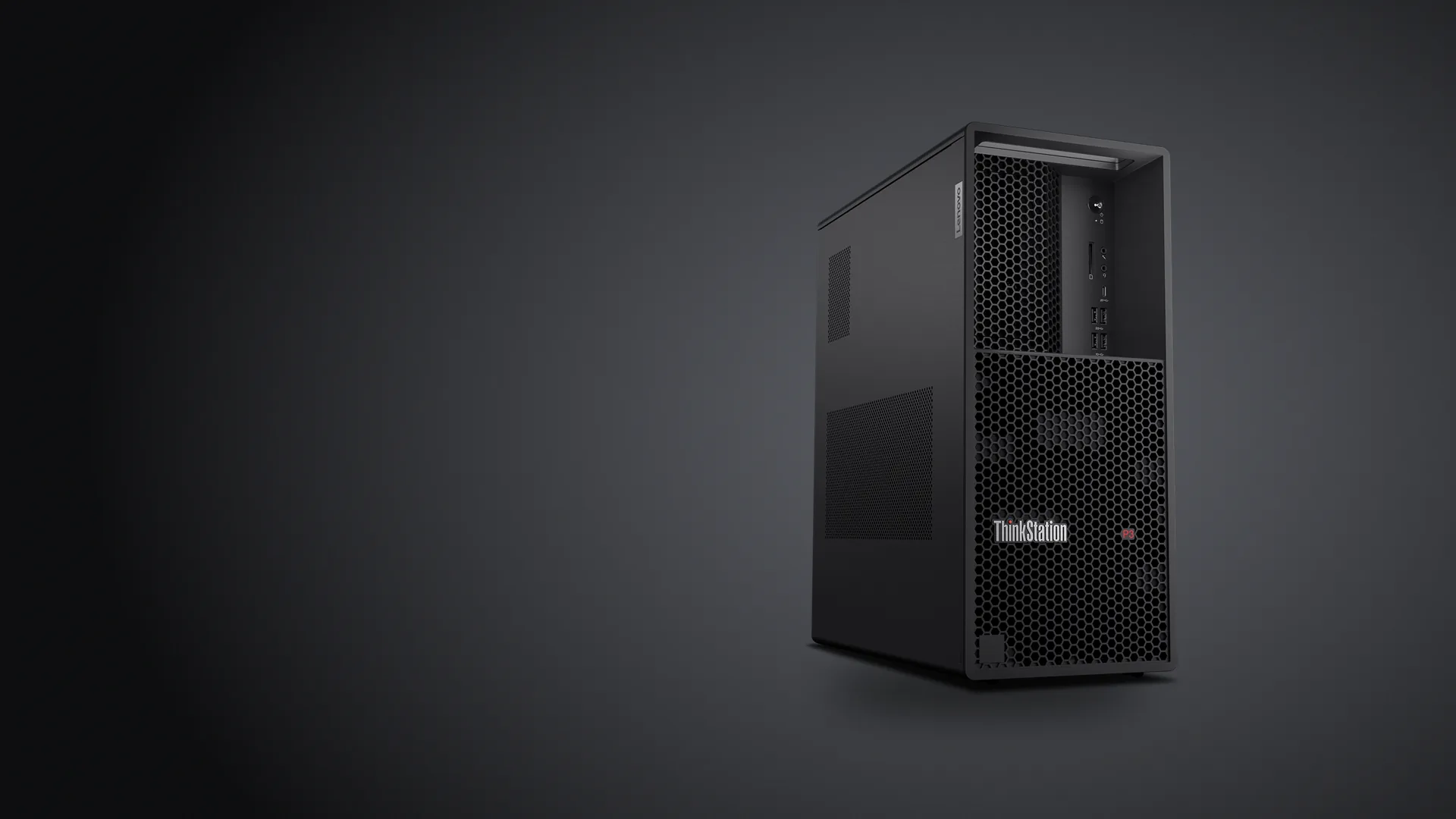 Workstation Lenovo ThinkStation P3 Tower Gen 2 negra sobre fondo grafito