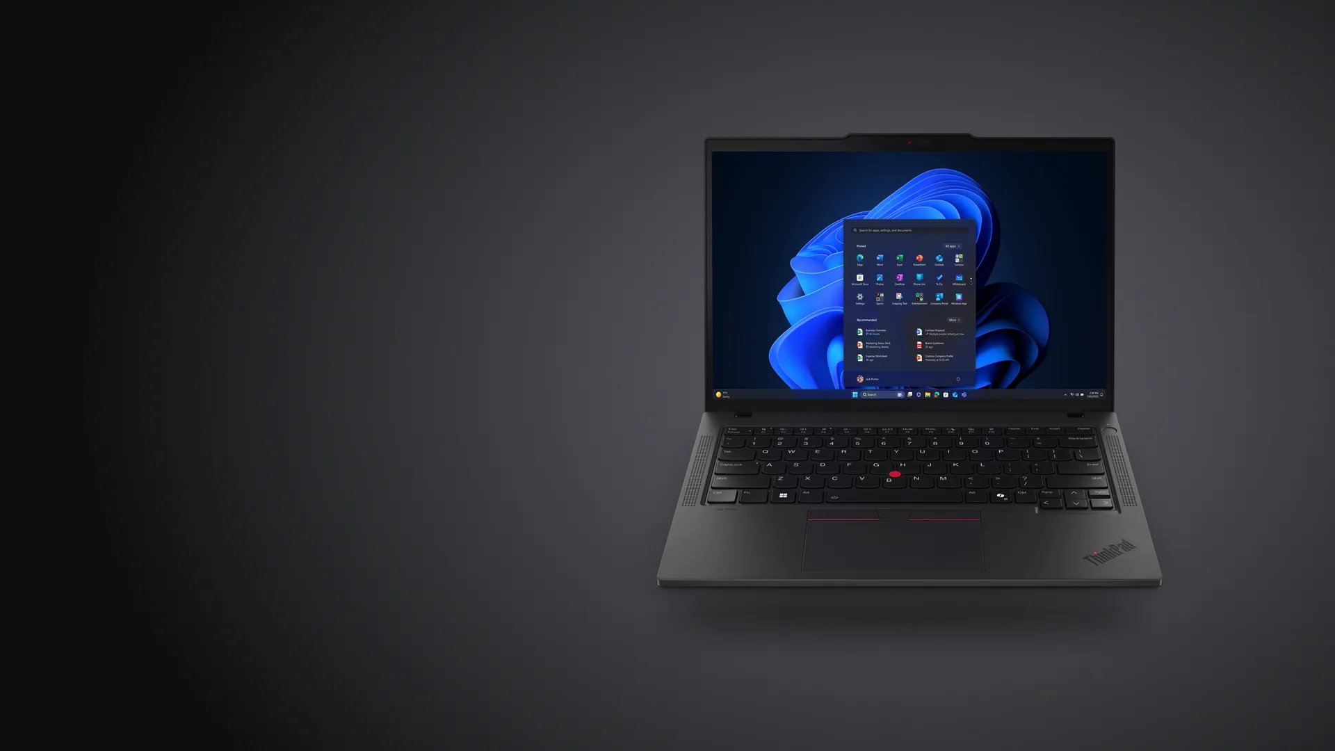 Notebook Lenovo ThinkPad T14 Gen 6 negra, abierta, sobre fondo grafito
