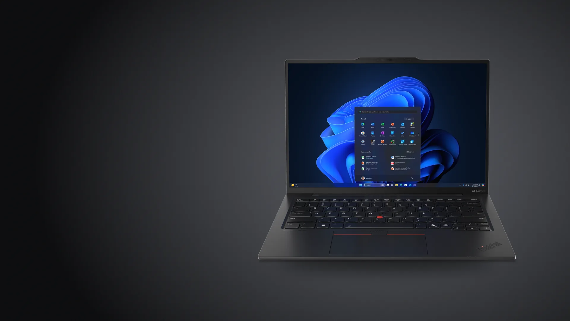 Notebook Lenovo ThinkPad X1 Carbon Gen 13 negra, abierta, sobre fondo grafito