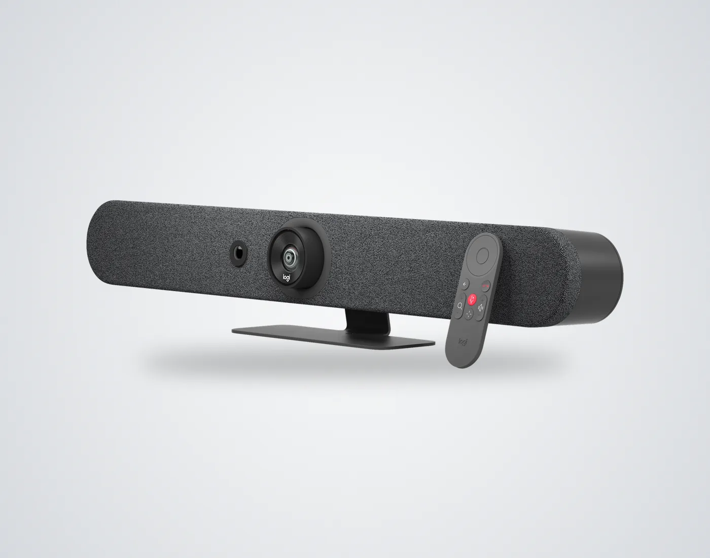 Logitech Rally Bar Mini grafito con su control remoto
