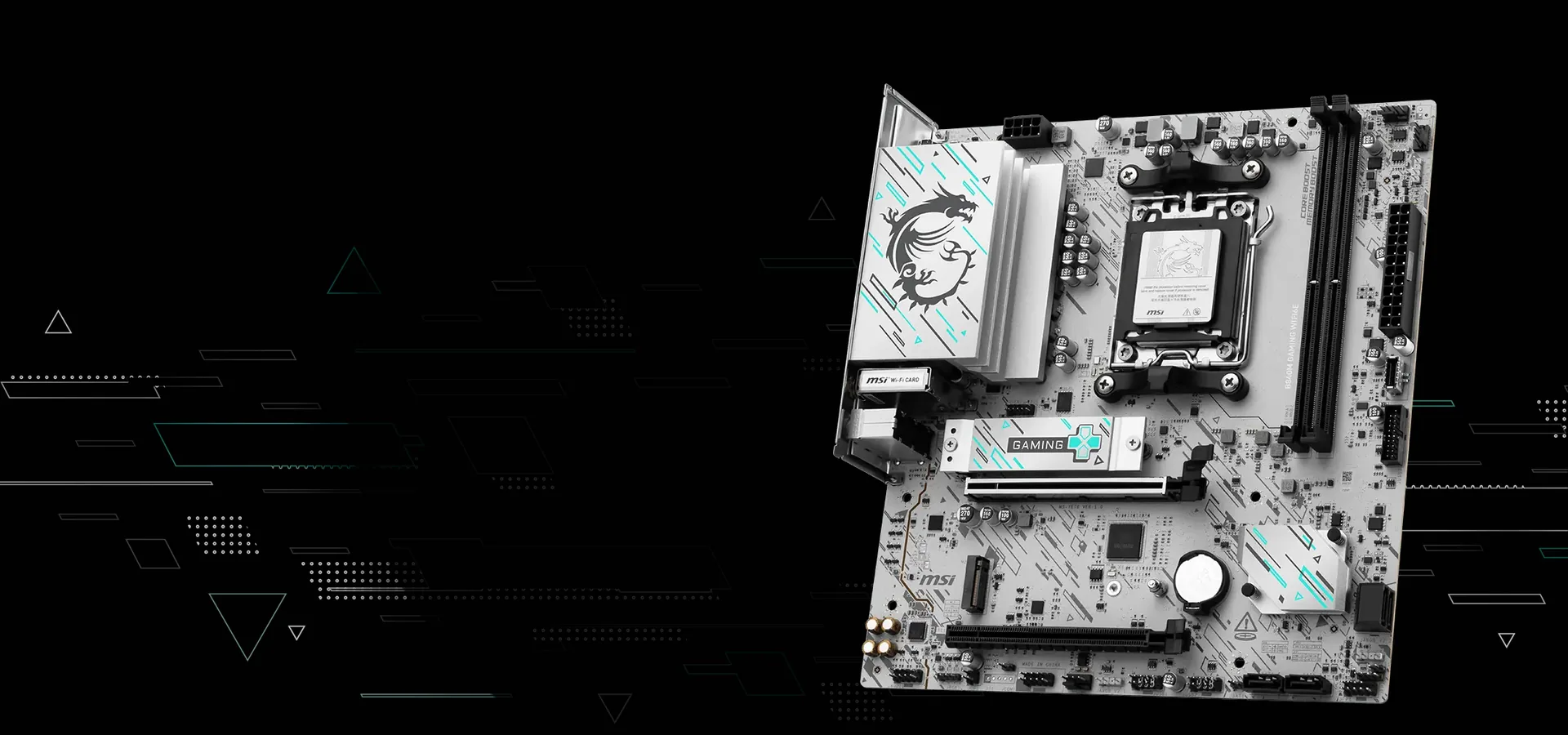 Motherboard MSI B840M GAMING WIFI6E micro-ATX blanca con detalles turquesa para AMD AM5