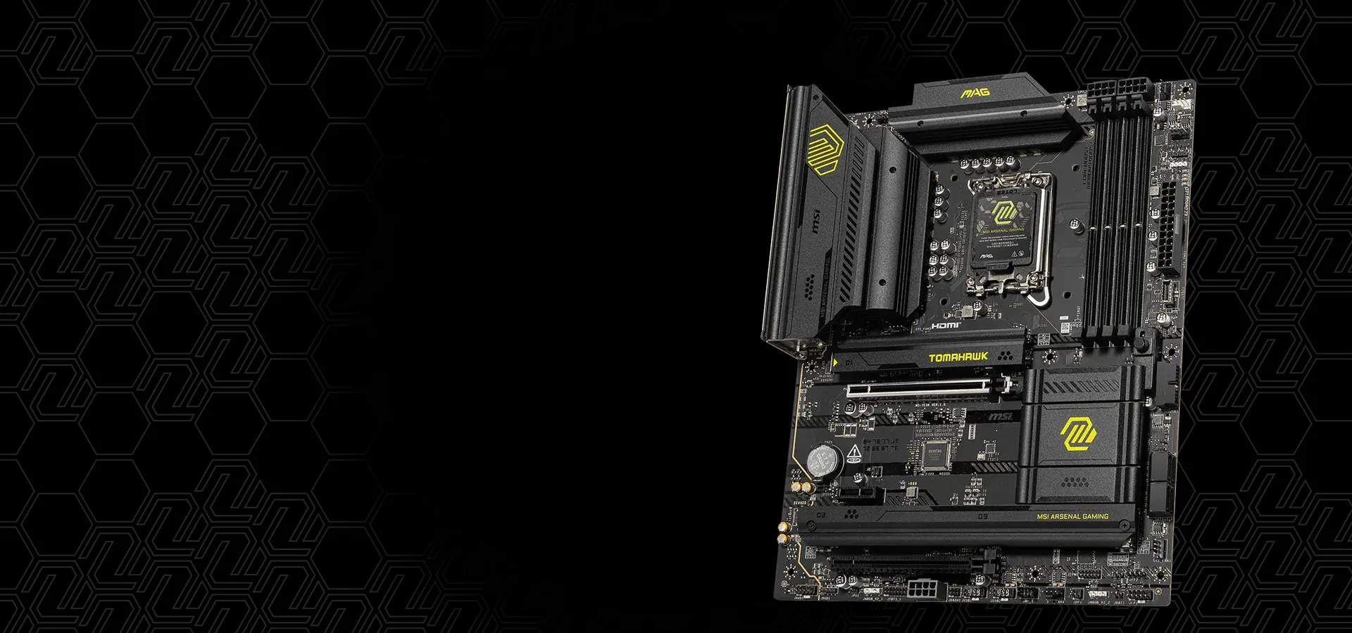 Motherboard MSI MAG B860 TOMAHAWK WIFI negra con detalles amarillos para Intel LGA 1851