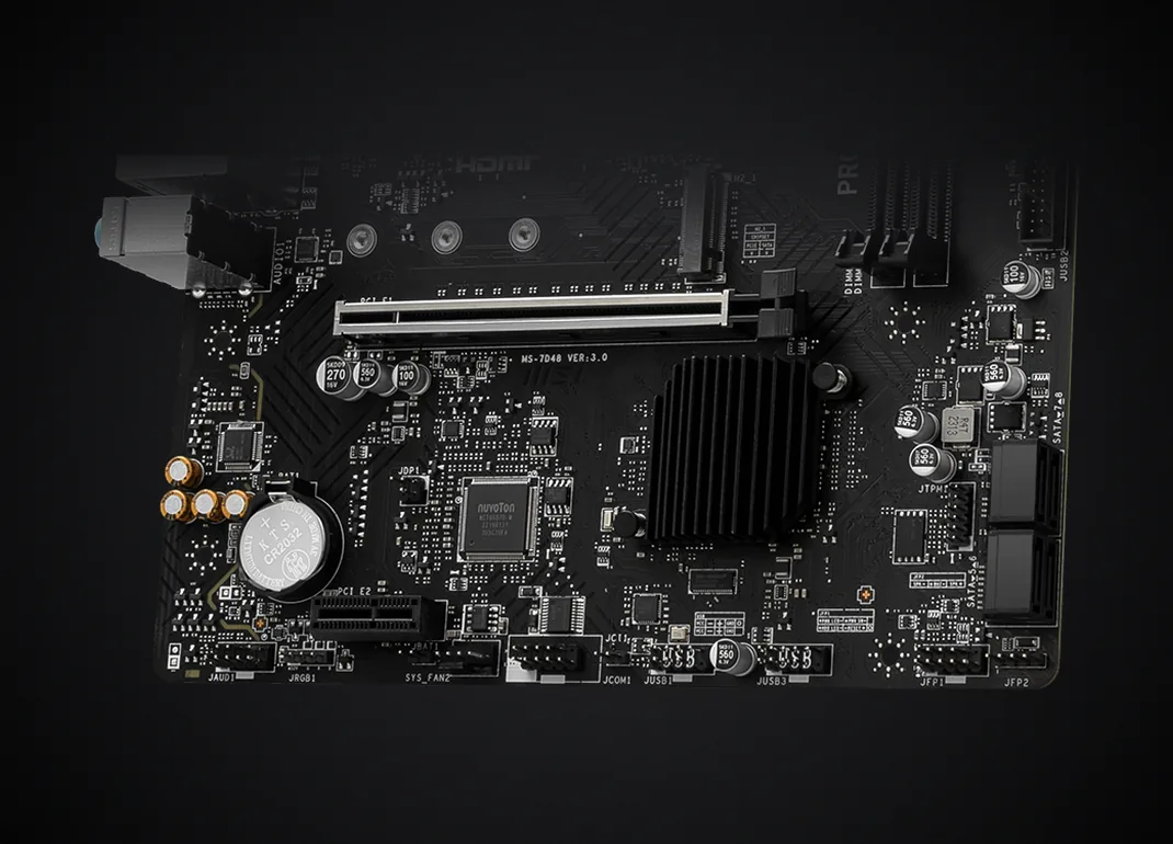 Ranuras PCIe y M.2 y disipador del chipset de la MSI PRO B760M-E
