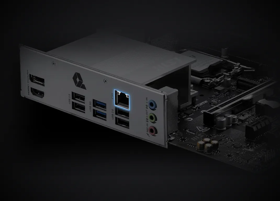Panel trasero de la MSI PRO H810M-B con LAN 2,5G, USB y audio