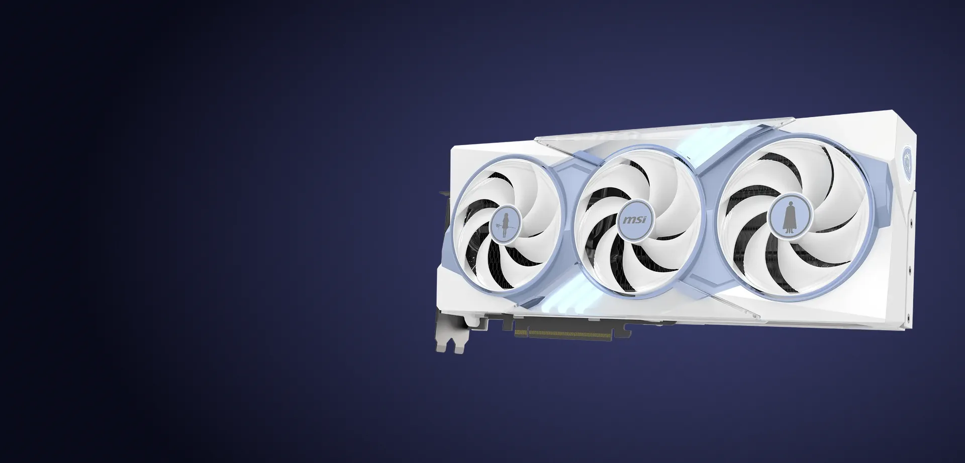 Frente de la RTX 5070 Ti Frieren Edition, blanca y celeste