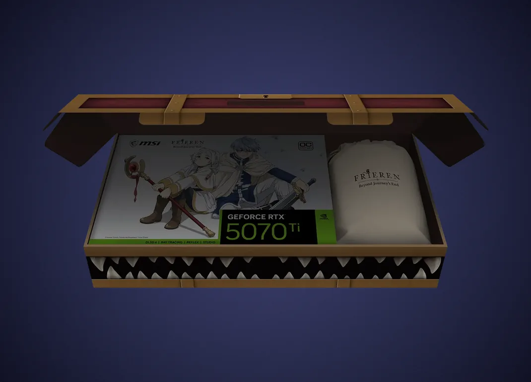 Caja de la edición Frieren abierta, con la placa y la manta