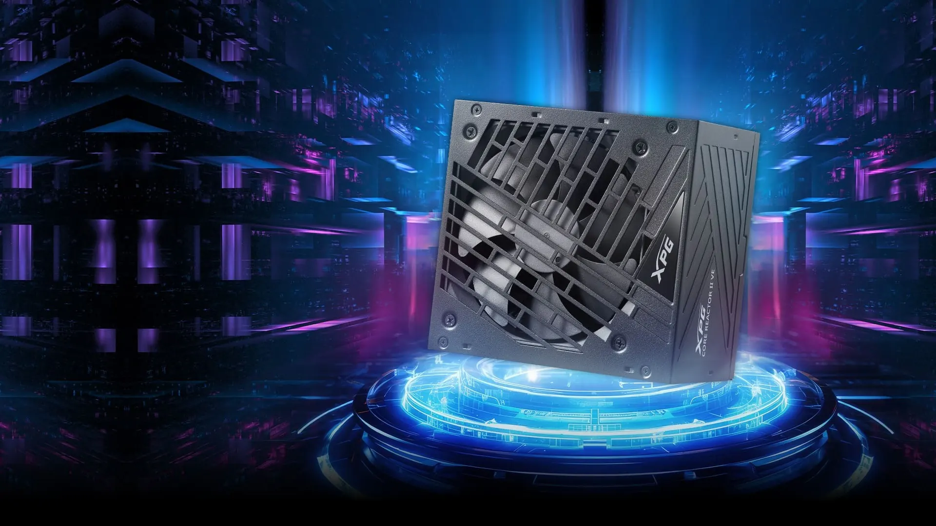 Fuente XPG CORE REACTOR II VE sobre una plataforma con luz azul