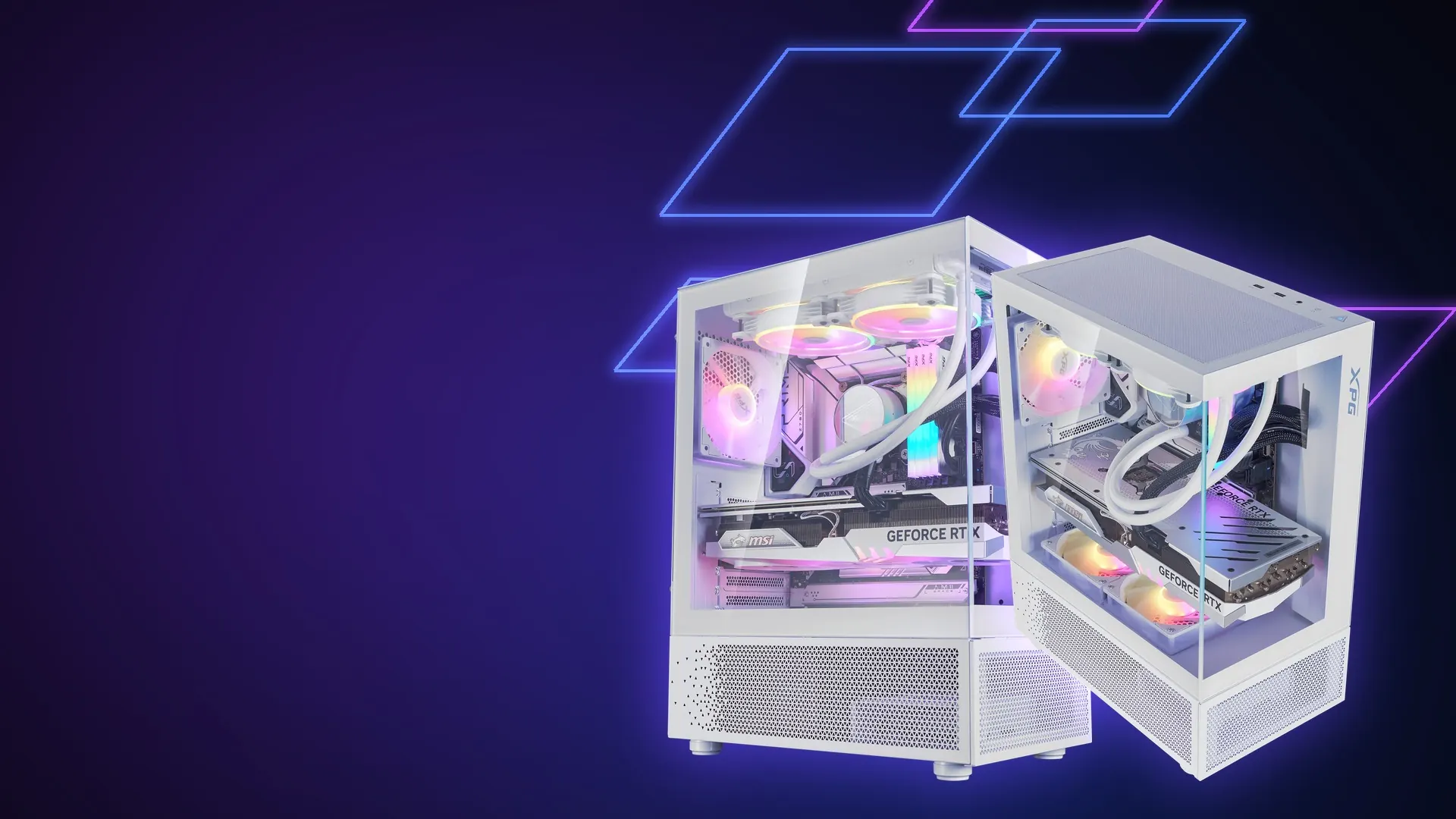 Gabinete XPG Invader X Mini blanco con vidrio panorámico y ventiladores ARGB sobre fondo de neones