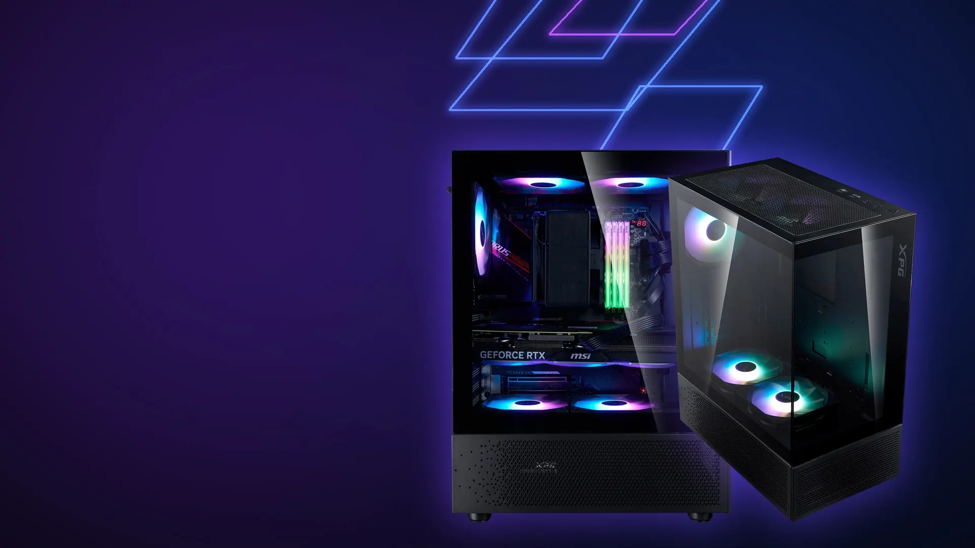 Gabinete XPG Invader X Mini negro con vidrio panorámico y ventiladores ARGB sobre fondo de neones