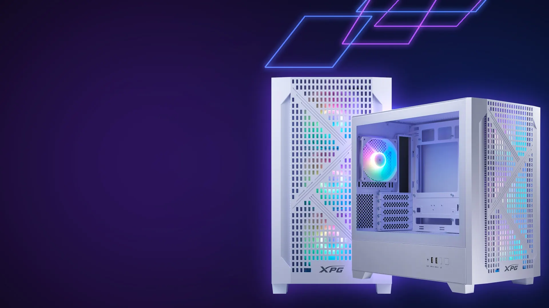 Gabinete XPG Lander 300 blanco con frente perforado y ventiladores ARGB sobre fondo de neones
