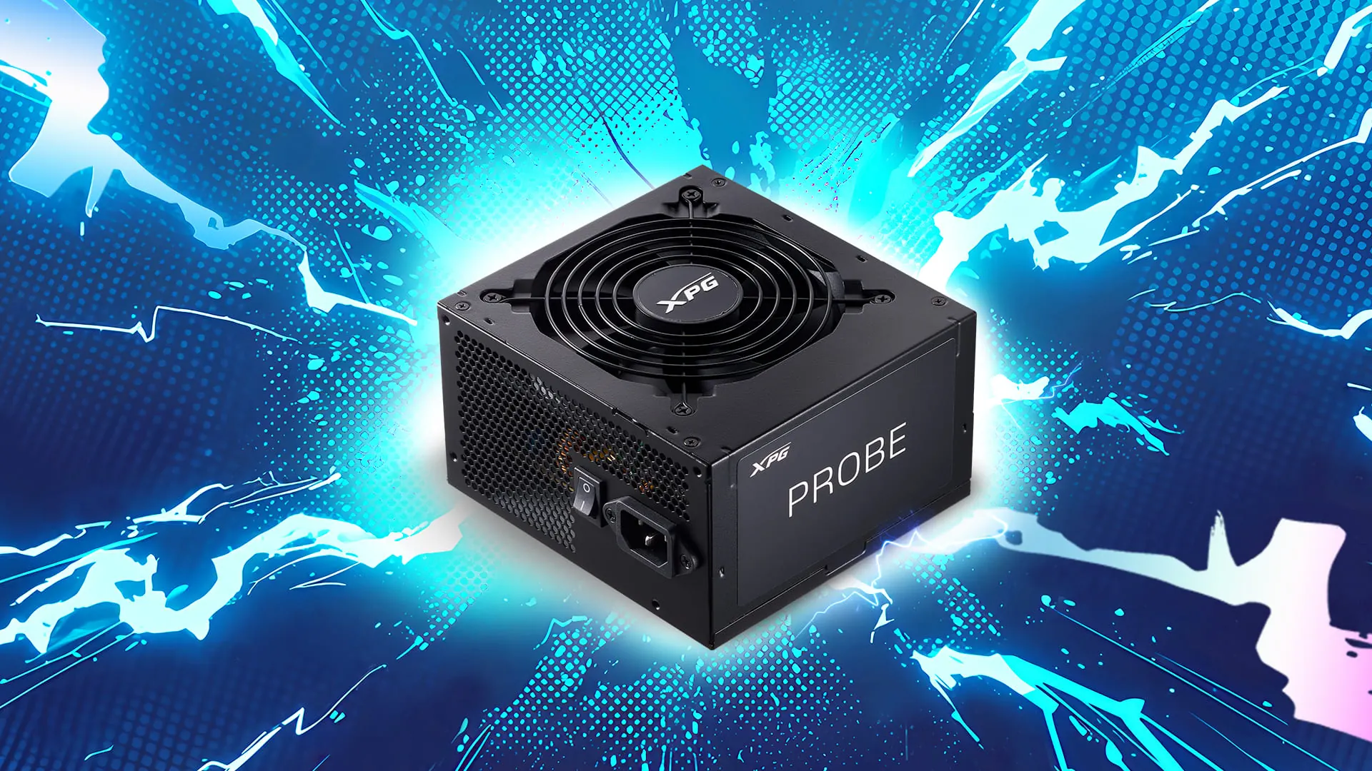 Fuente XPG PROBE Bronze sobre un fondo de rayos azules