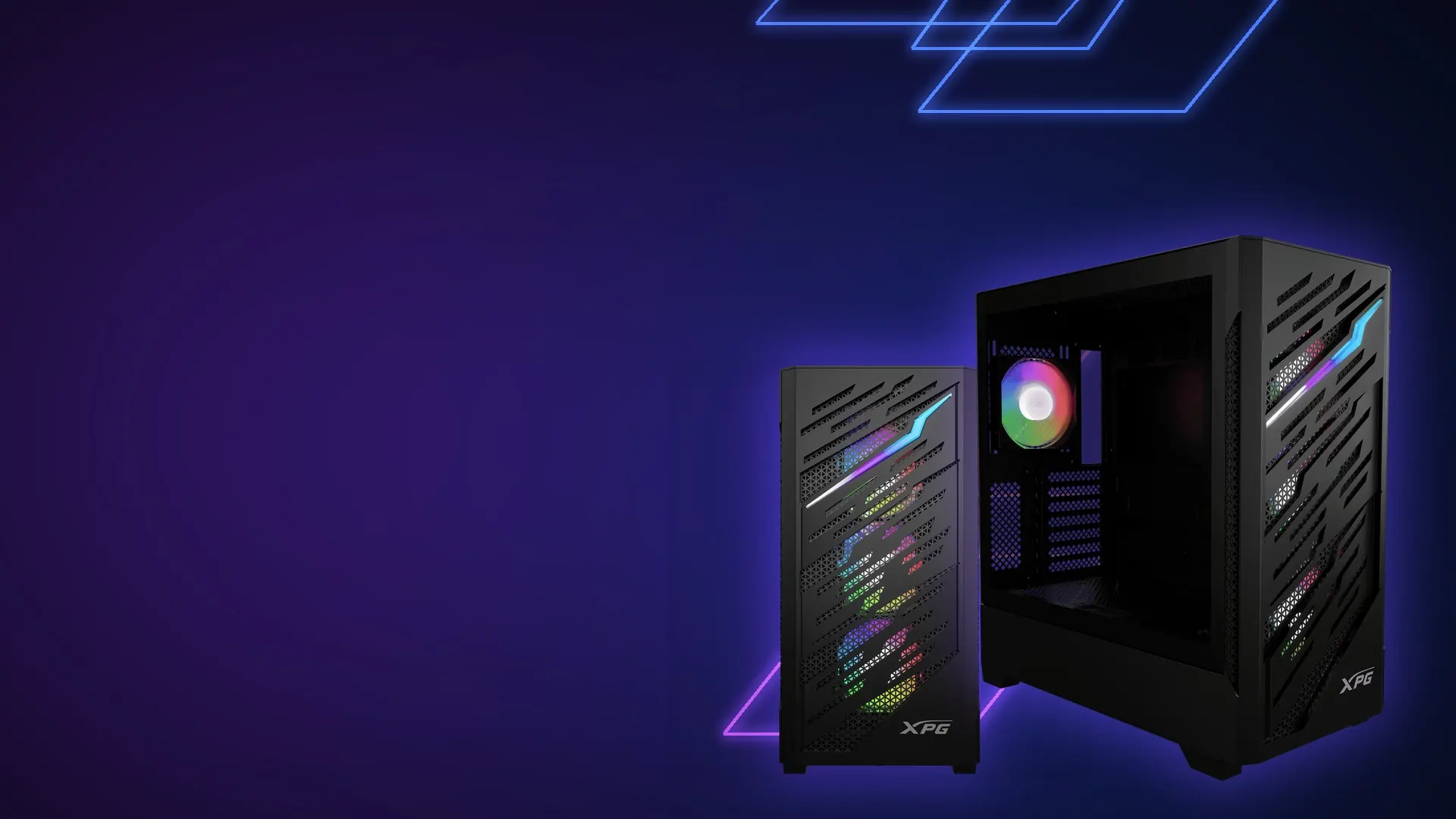 Gabinete XPG Starker Air BTF negro con iluminación ARGB sobre fondo de neones